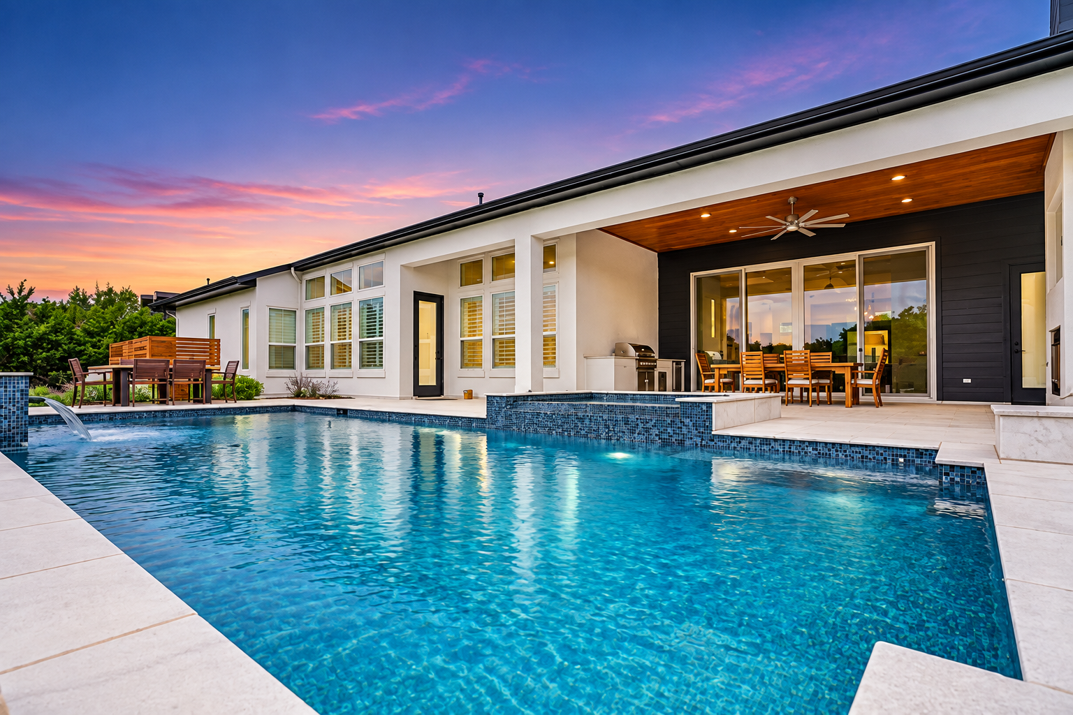 Custom home swimming pool and covered outdoor living area at sunset in Cantera Hills 
